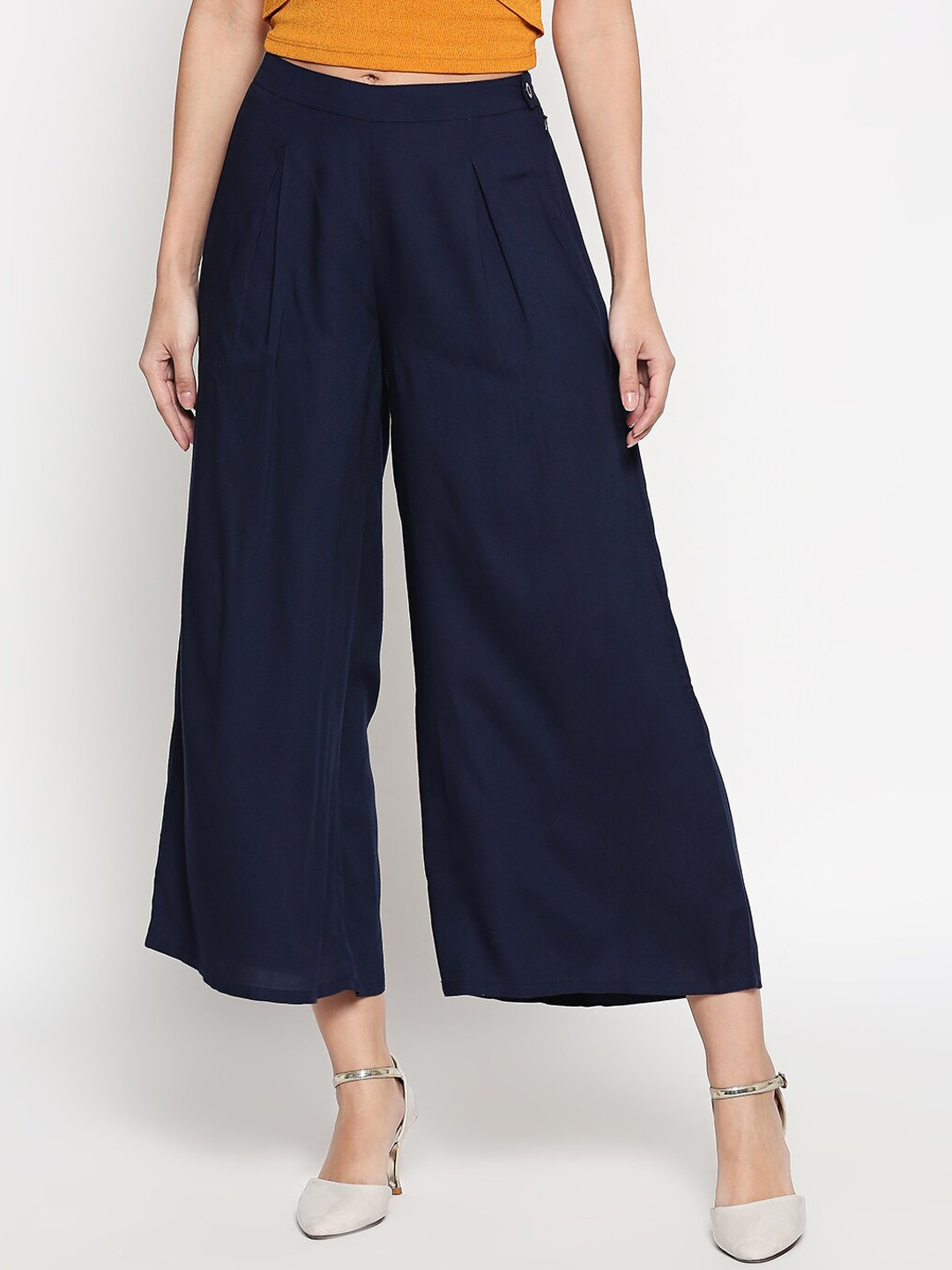 People Women Blue Flared Solid Culottes