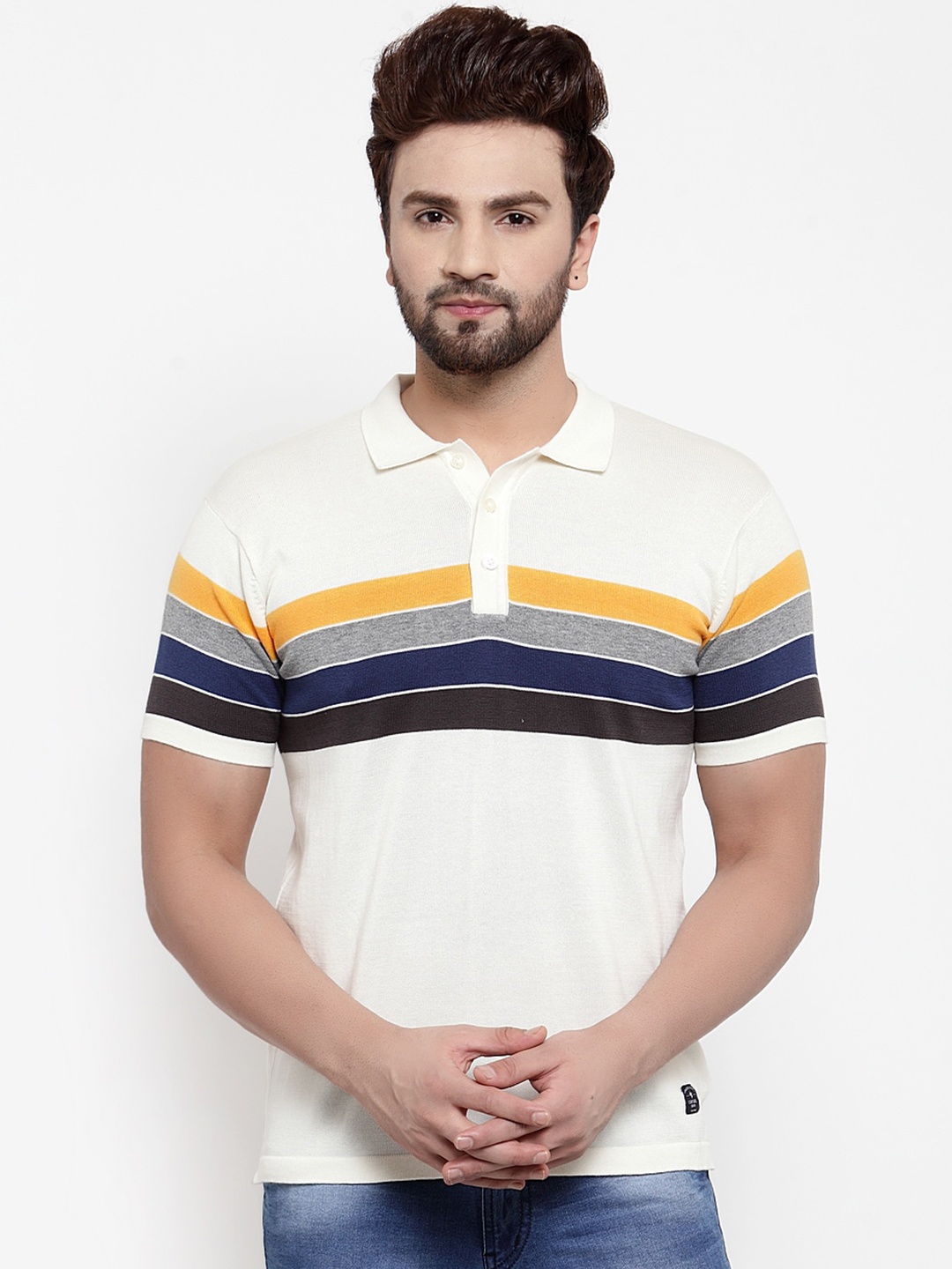 Cantabil Men Off-White Striped Polo Collar T-shirt