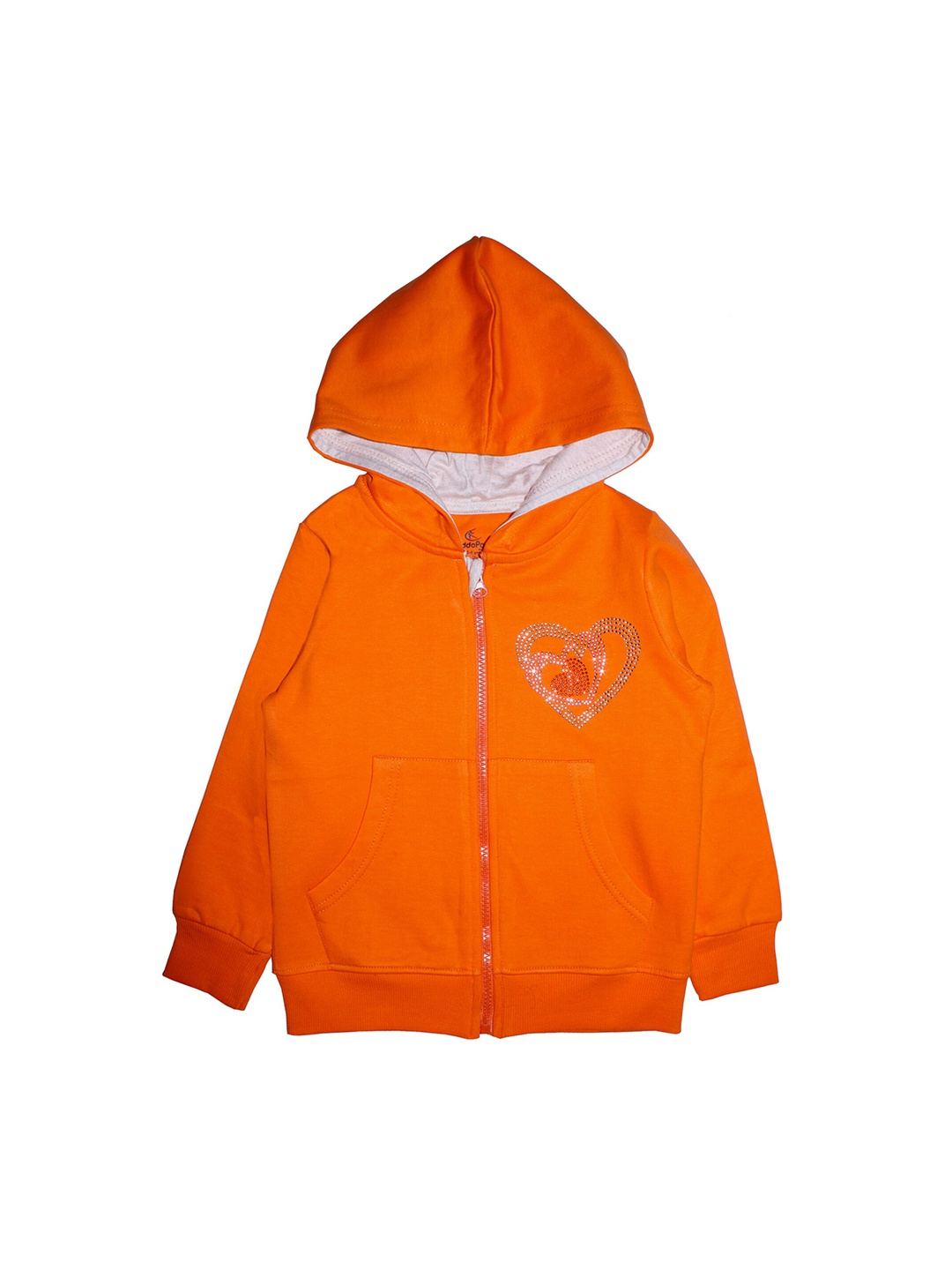 KiddoPanti Girls Orange Embellished Hooded Sweatshirt