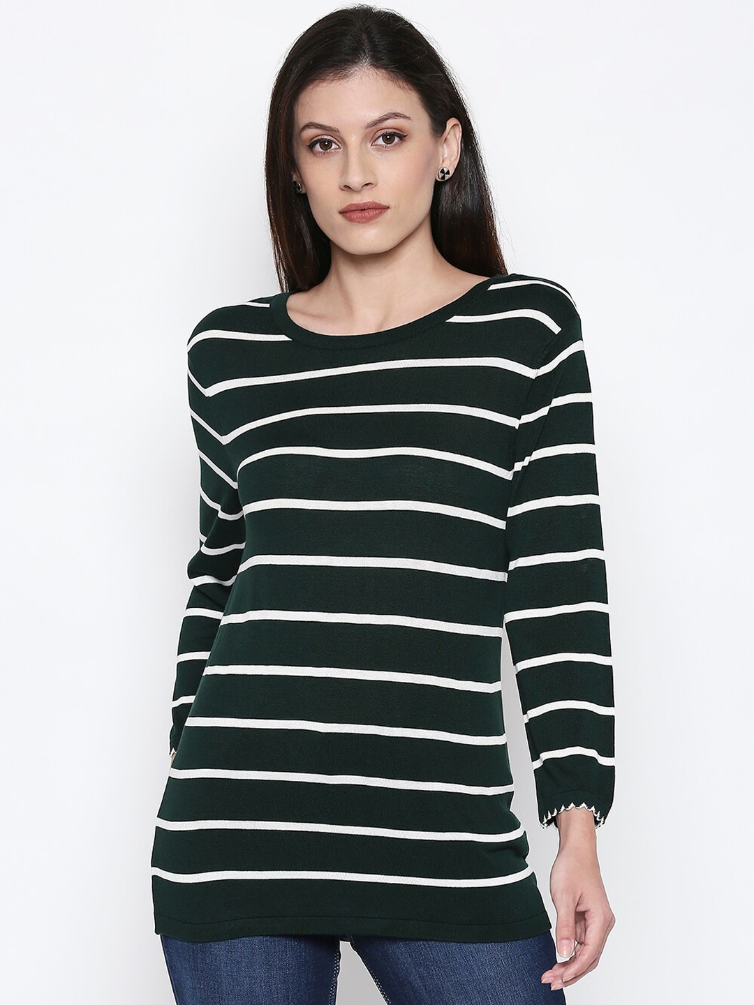 Annabelle by Pantaloons Women Green & White Striped Pullover Sweater