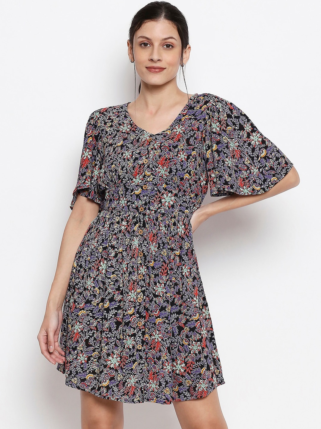 People Women Black Printed Fit and Flare Dress