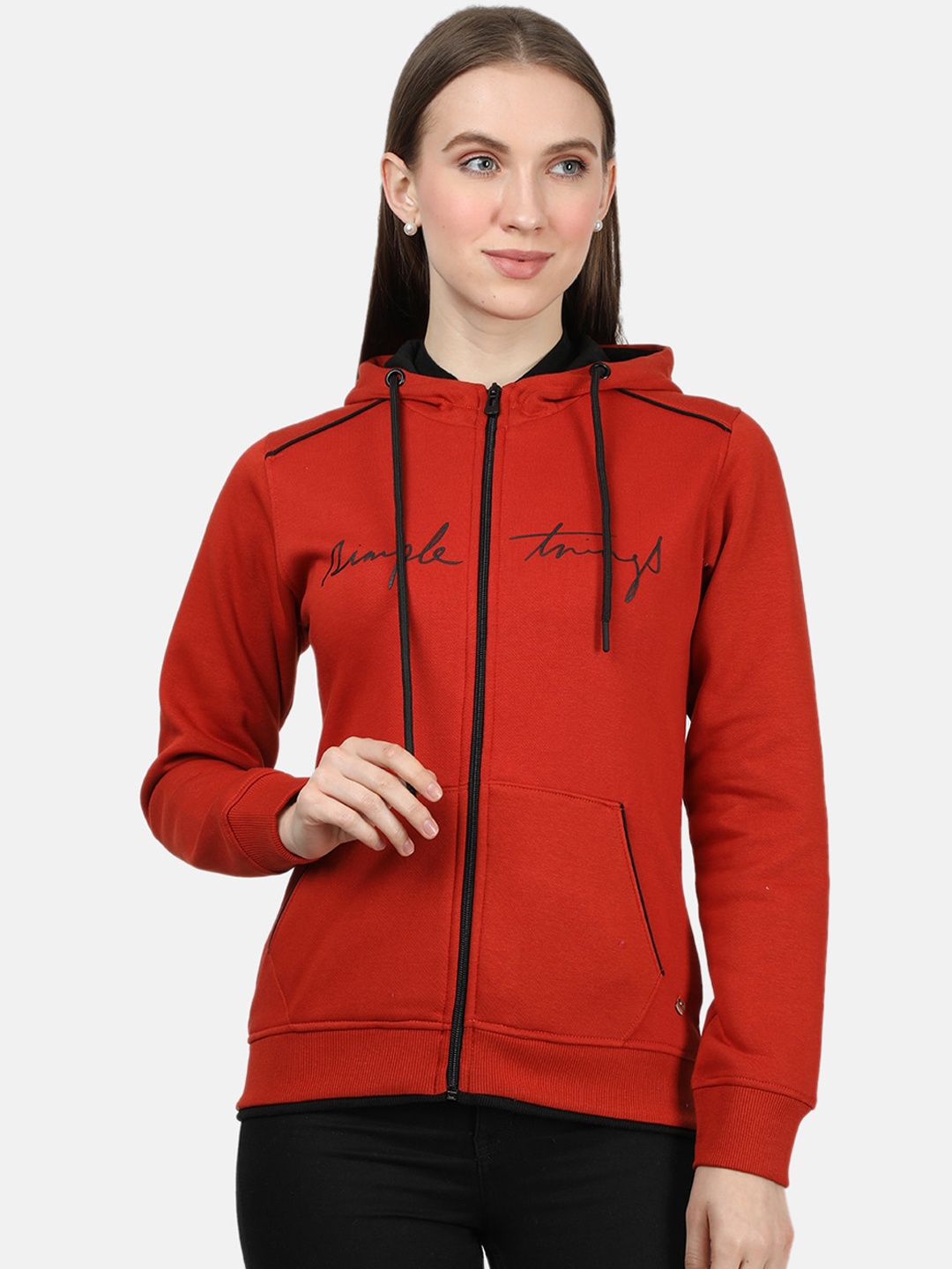 Monte Carlo Women Rust Solid Hooded Sweatshirt