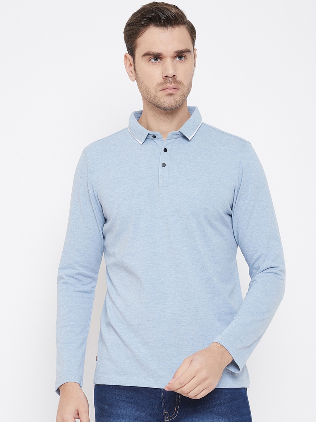QUBIC Men Blue Solid Polo Collar T-shirt