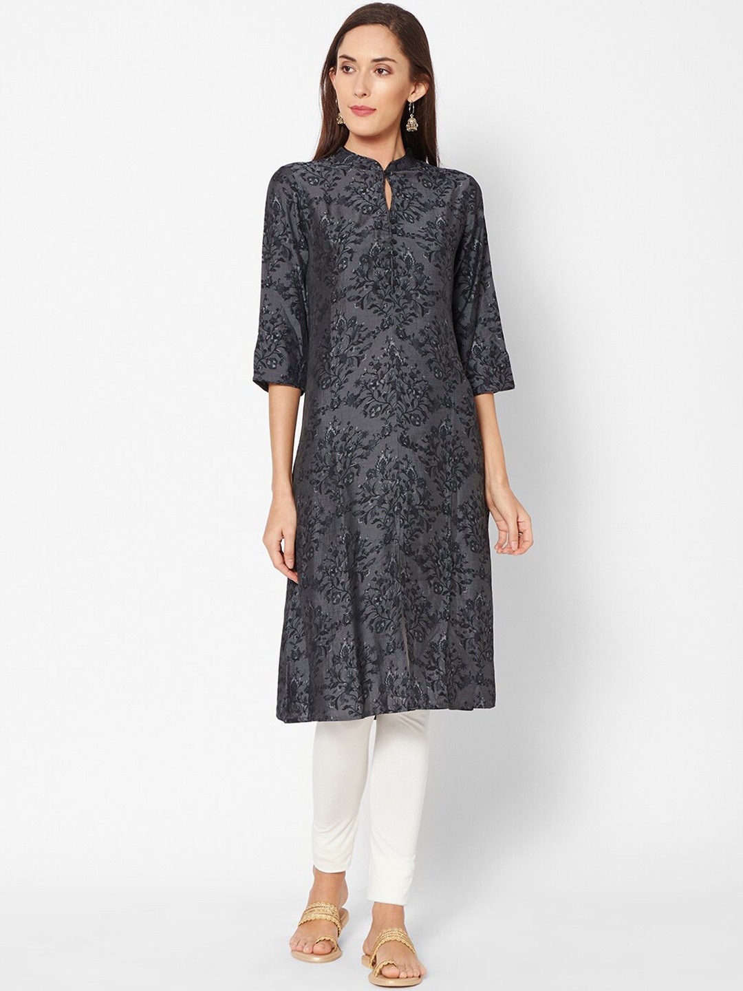 Fusion Beats Women Grey Floral Printed A-Line Kurta