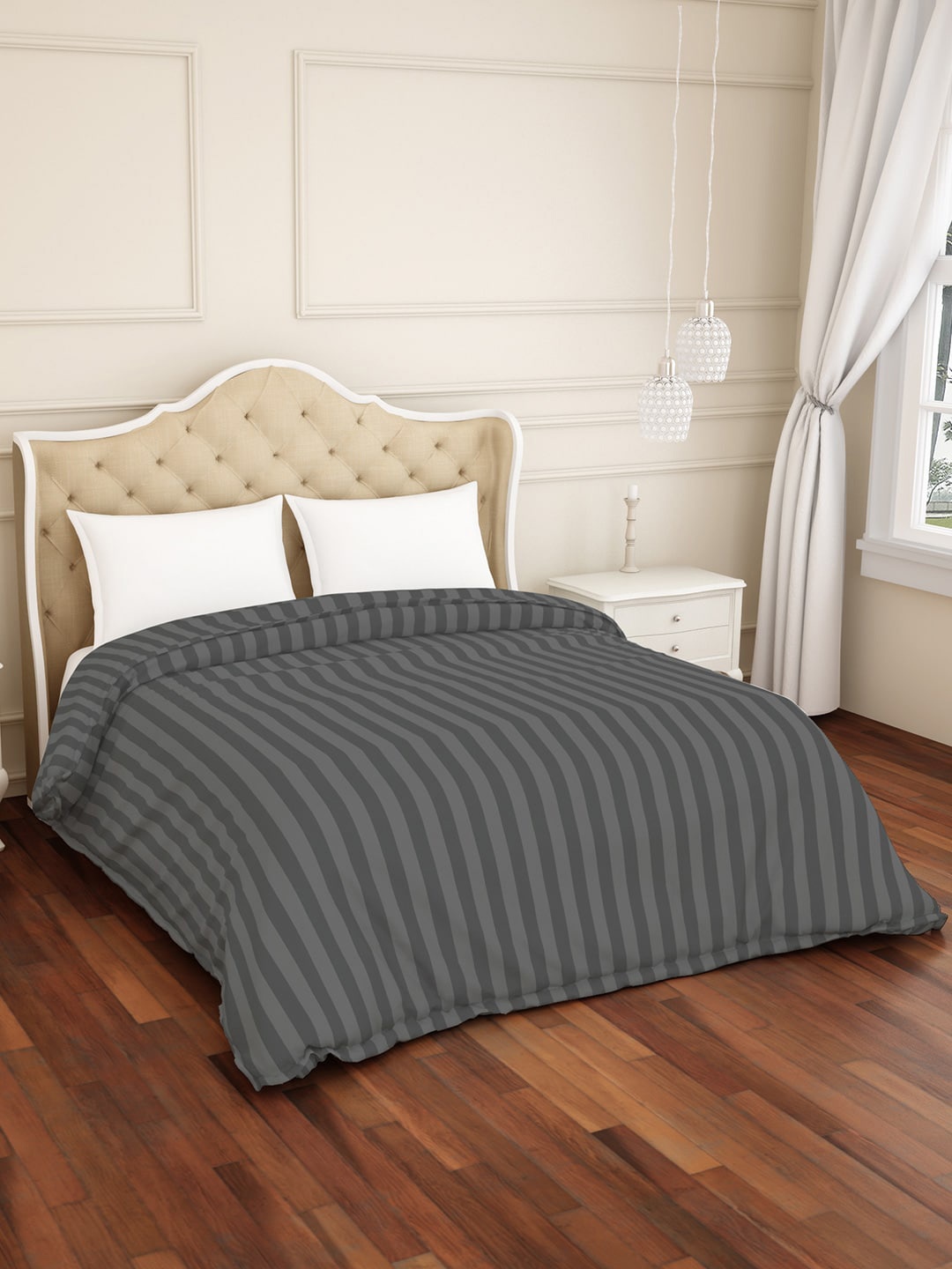 SPACES Grey Striped 210 TC 100% Cotton Double Duvet Cover