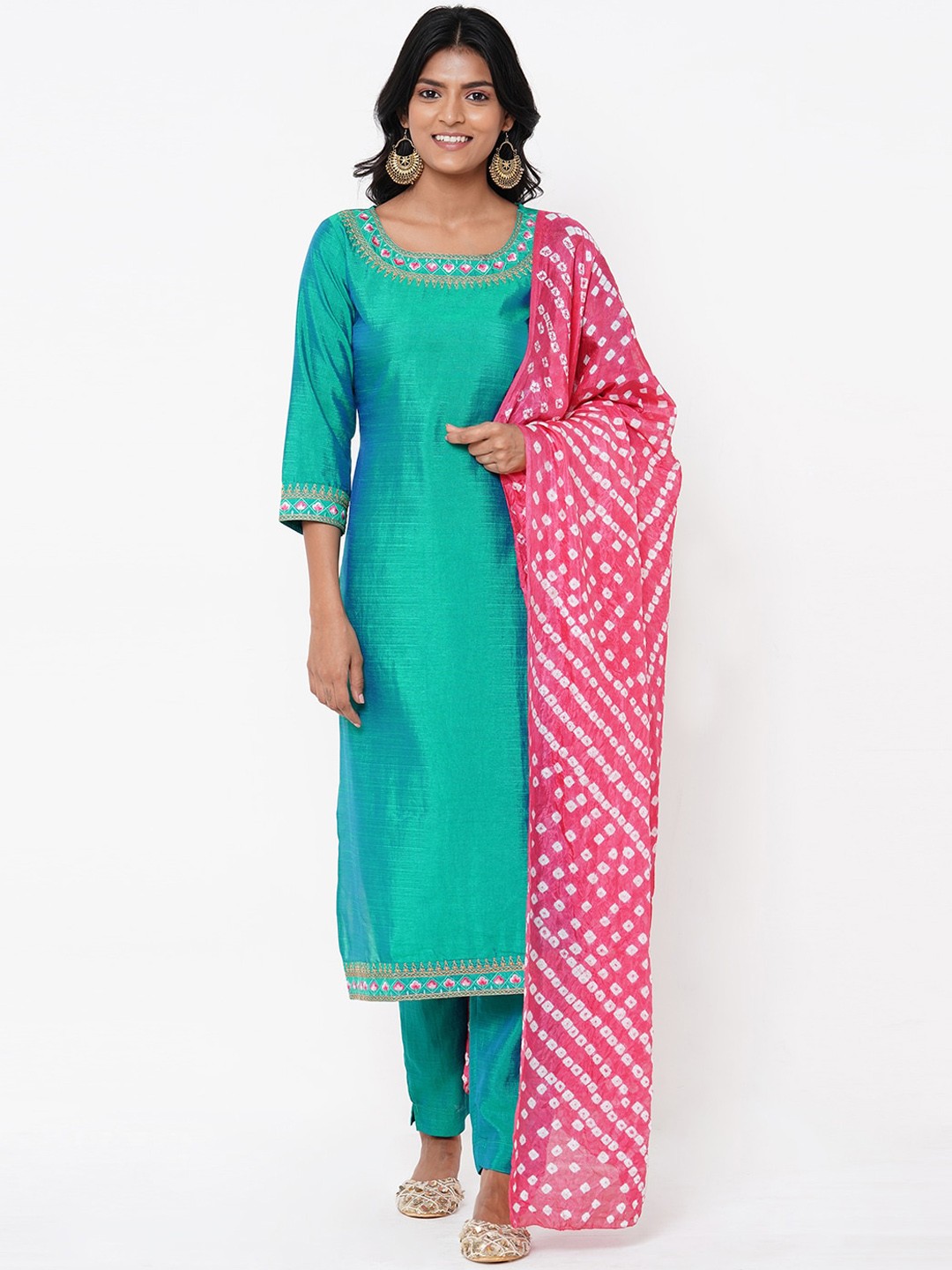 FASHOR Women Sea Green & Pink Solid Kurti with Salwar & Dupatta