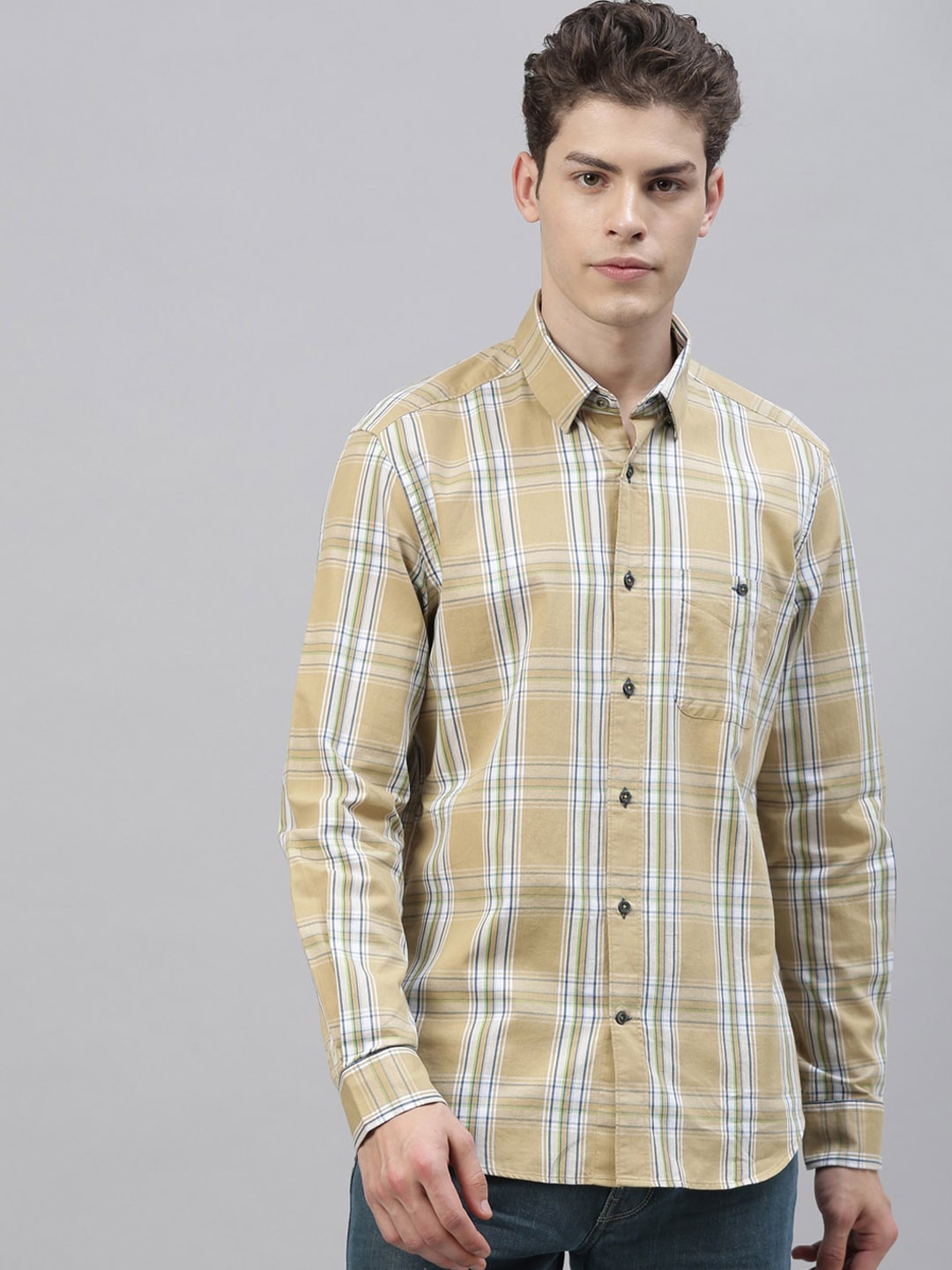 RARE RABBIT Men Yellow Tailored Fit Checked Casual Shirt