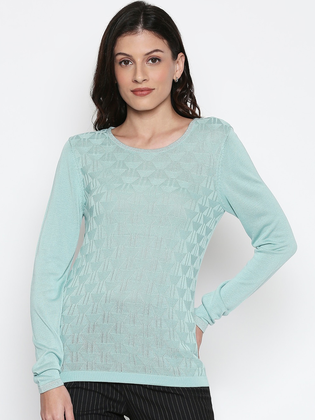 Annabelle by Pantaloons Women Turquoise Blue Self-Design Pullover Sweater