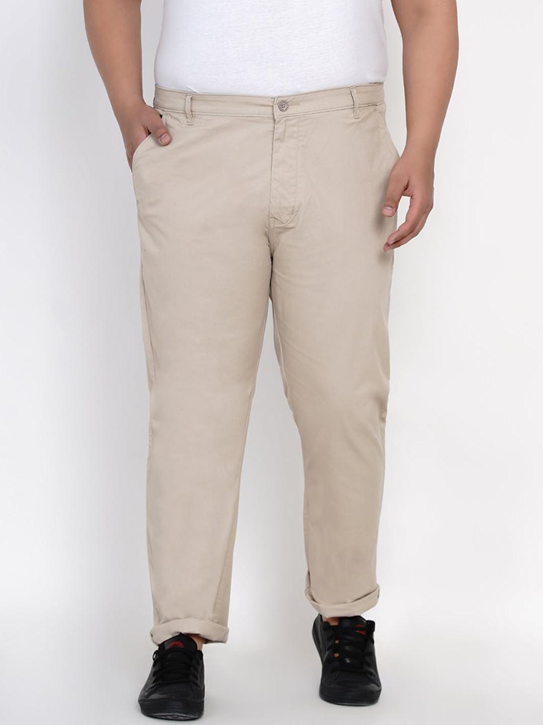 John Pride Men Plus Size Beige Solid Regular Trousers