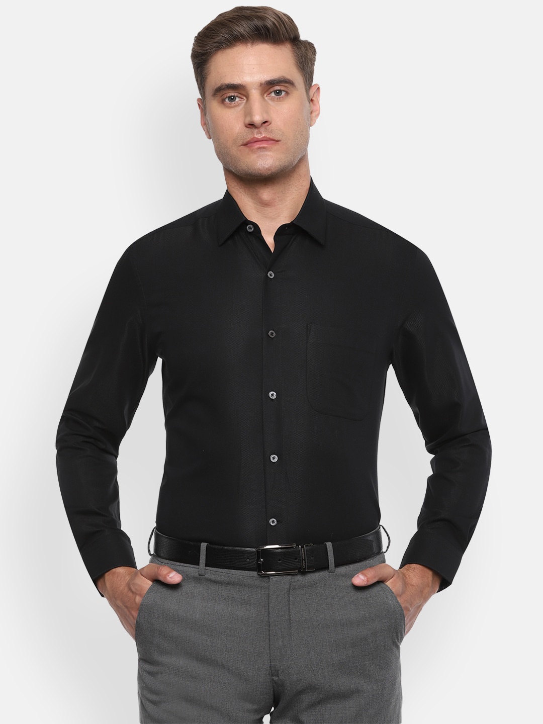 Luxure by Louis Philippe Men Black Regular Fit Self Design Formal Shirt