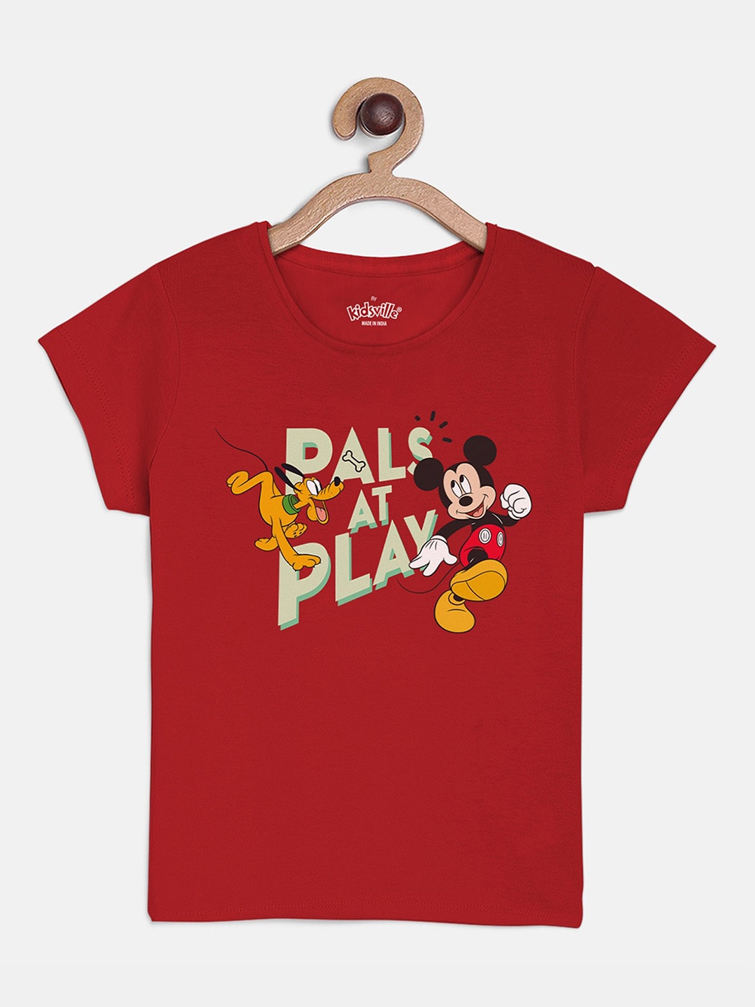Kids Ville Girls Red Mickey Friends Printed Cotton Round Neck Pure Cotton T-shirt
