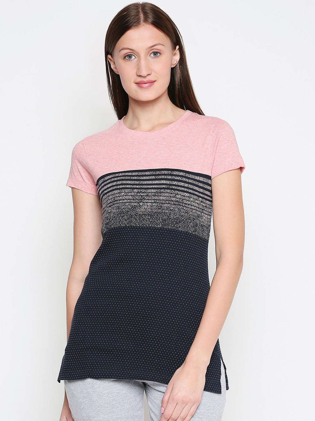 XIN Women Peach-Coloured & Black Colourblocked Lounge T-shirt