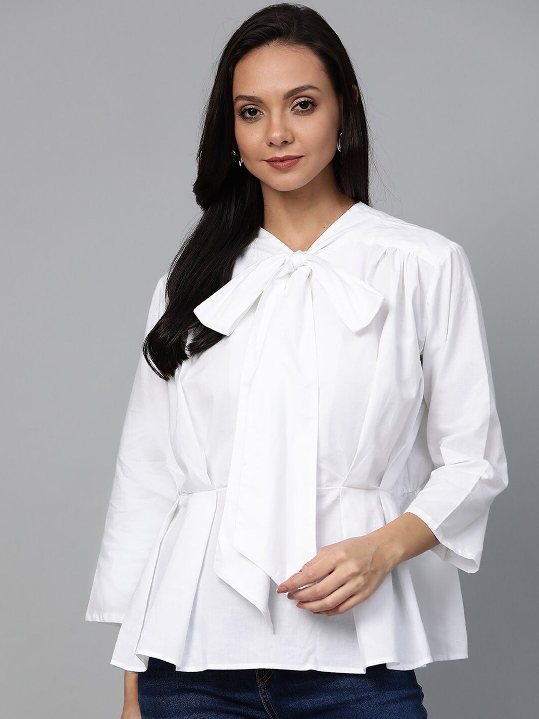 plusS White Tie-Up Neck Pure Cotton Cinched Waist Top
