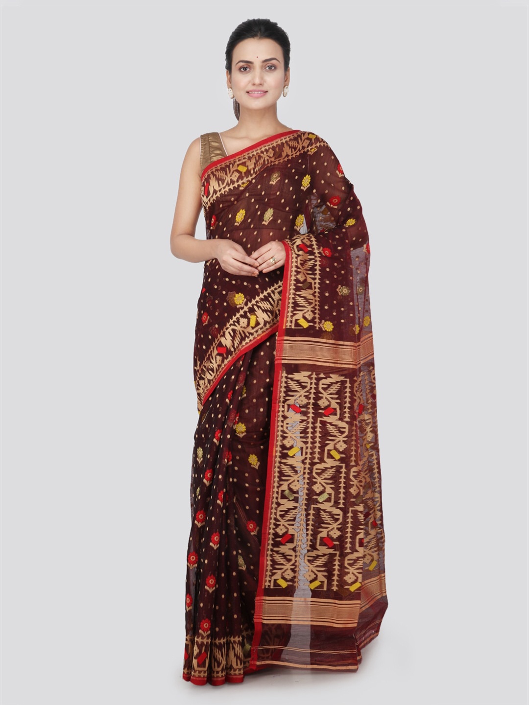 PinkLoom Brown Pure Cotton Woven Design Jamdani Sustainable Saree