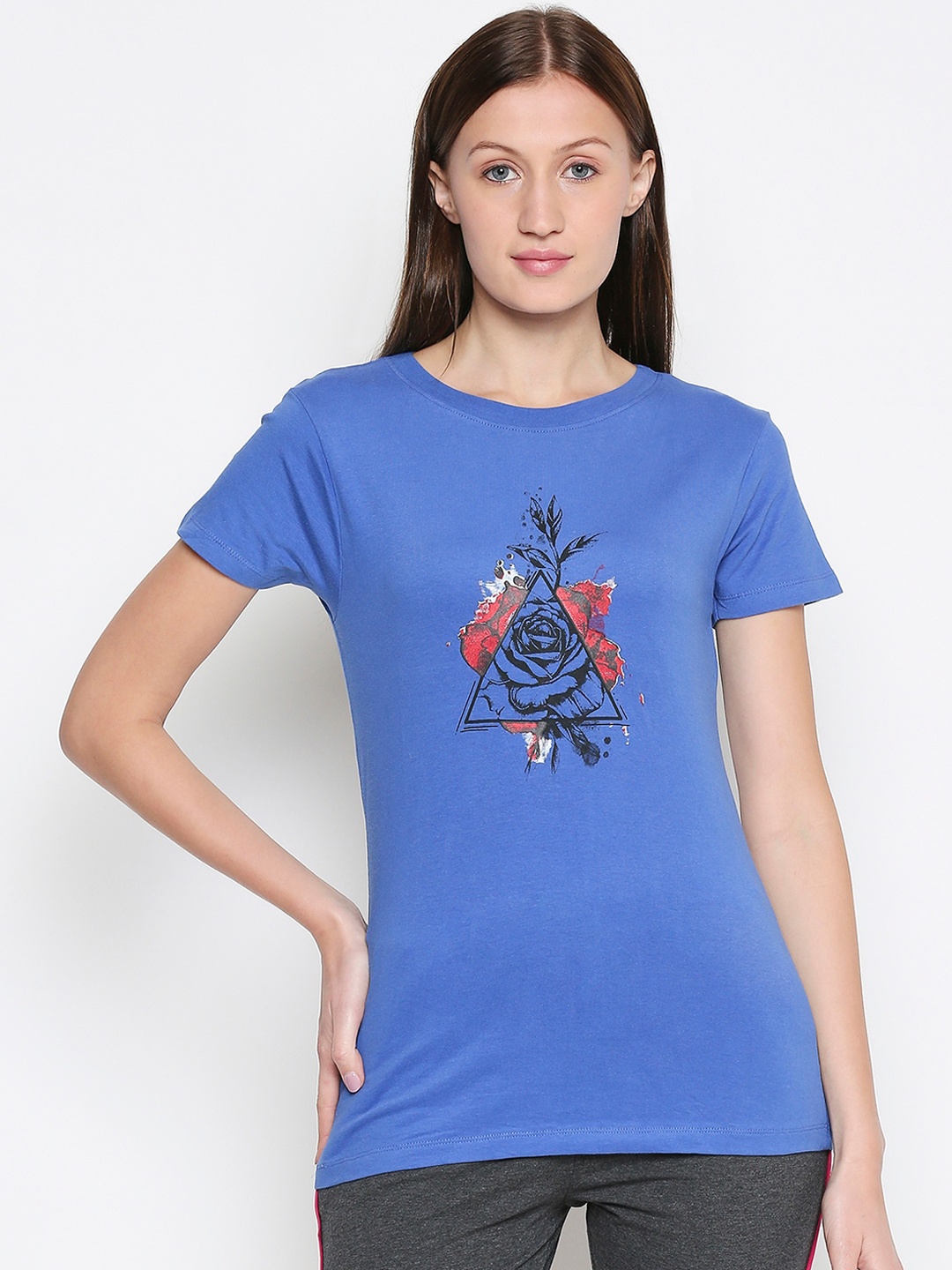 XIN Women Blue Printed Round Neck T-shirt