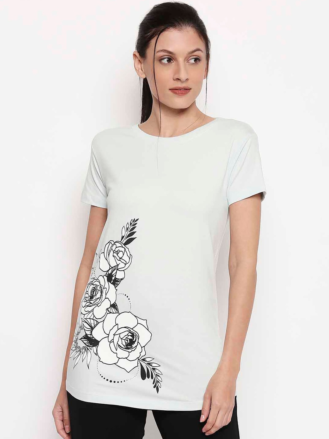 XIN Women Off-White Self Design Boat Neck T-shirt