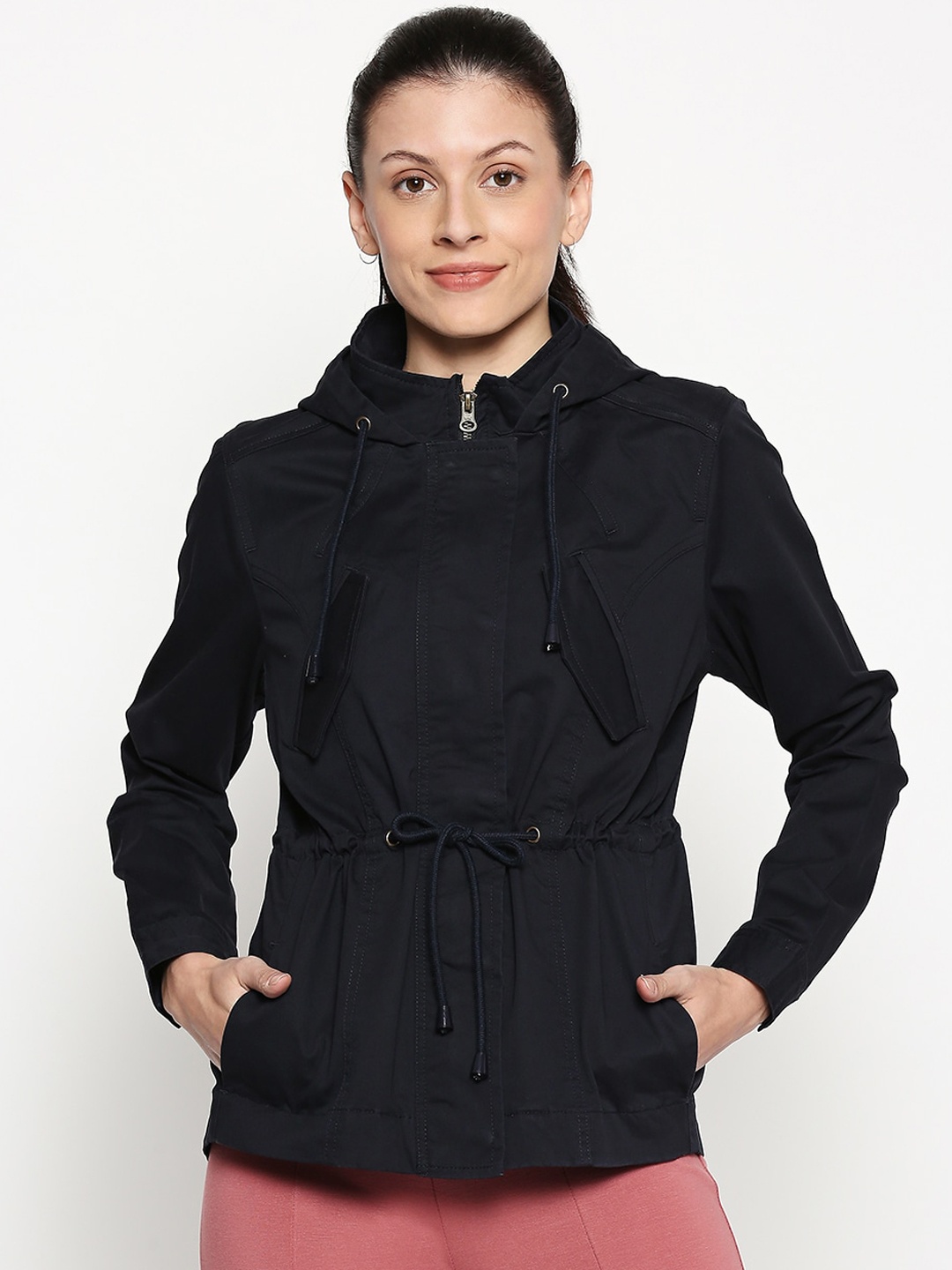People Women Navy Blue Solid Parka Jacket