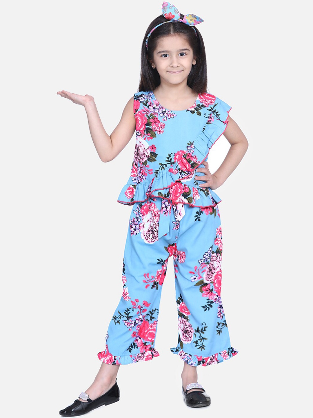 Cutiekins Girls Blue & Pink Printed Top with Palazzos