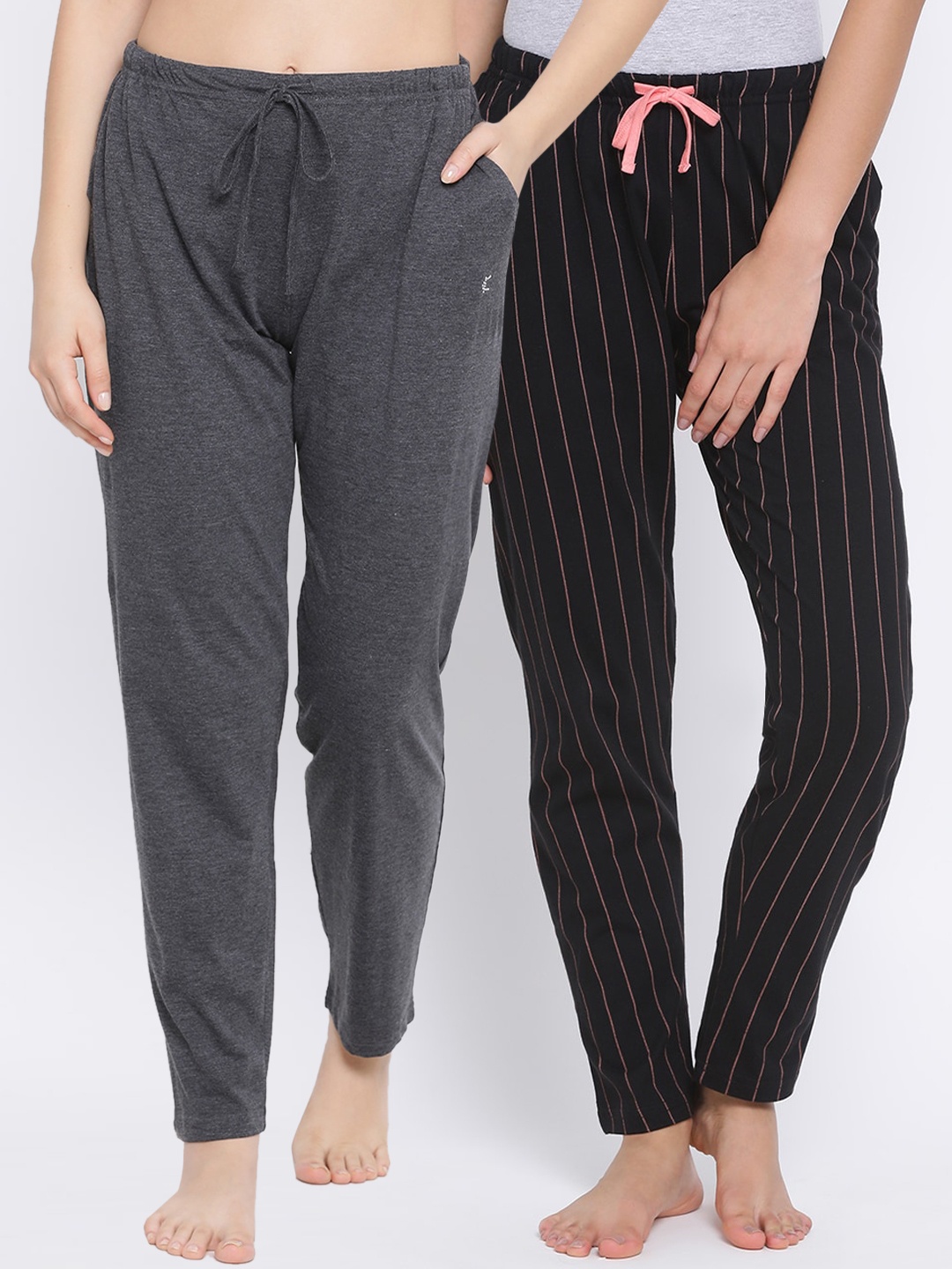 Kanvin Women Pack Of 2 Solid Lounge Pants, Charcoal