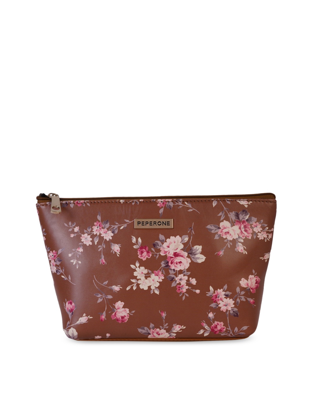 Peperone Tan Brown Floral Printed Travel Pouch