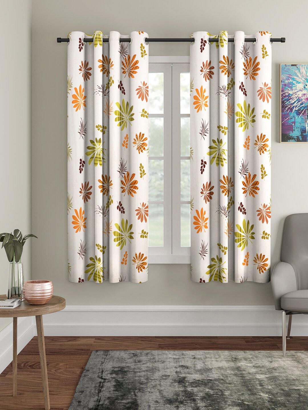 Cortina Beige & Orange Set of 2 Digital Printed Window Curtains, White