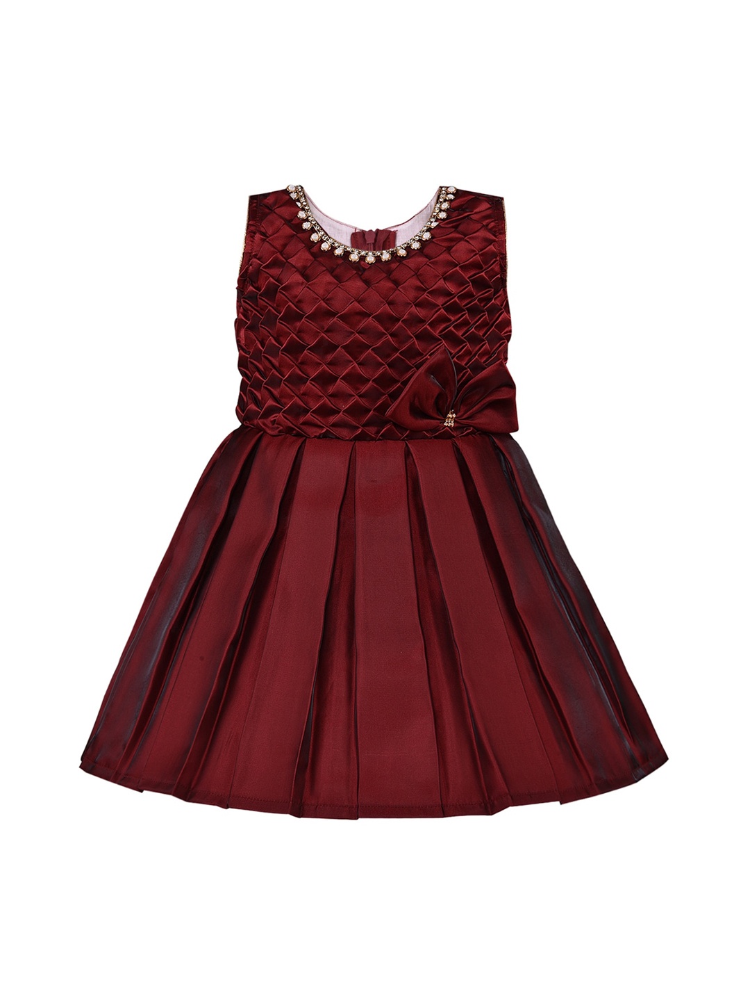 Wish Karo Girls Maroon Self Design Fit and Flare Dress