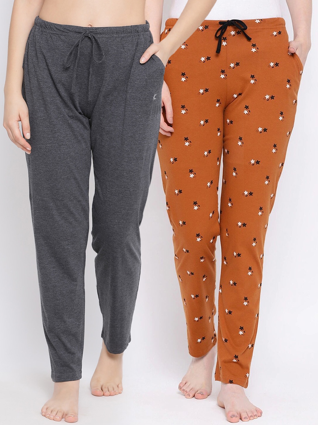 Kanvin Women Pack Of 2 Printed Lounge Pants, Charcoal
