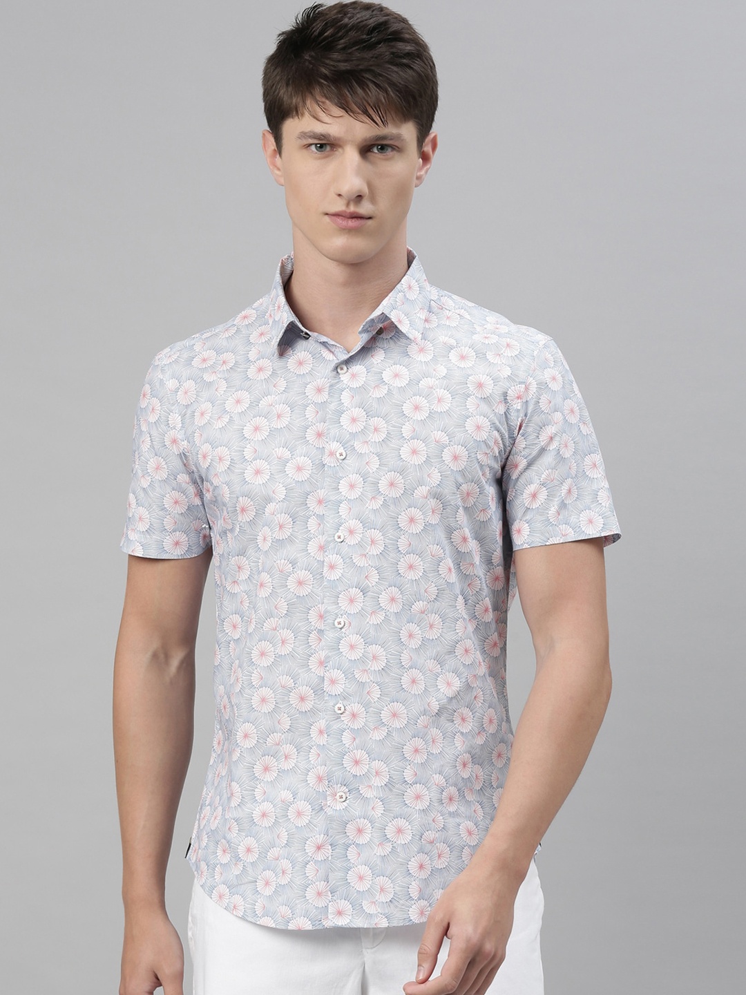 RARE RABBIT Men White & Blue Tailored Fit Printed Casual Shirt