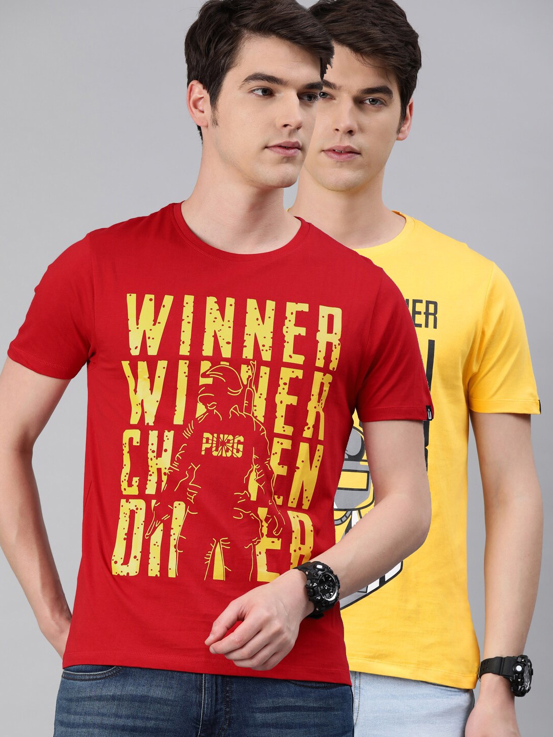 Urbano Fashion Men Red & Yellow Set of 2 Printed Round Neck T-shirt