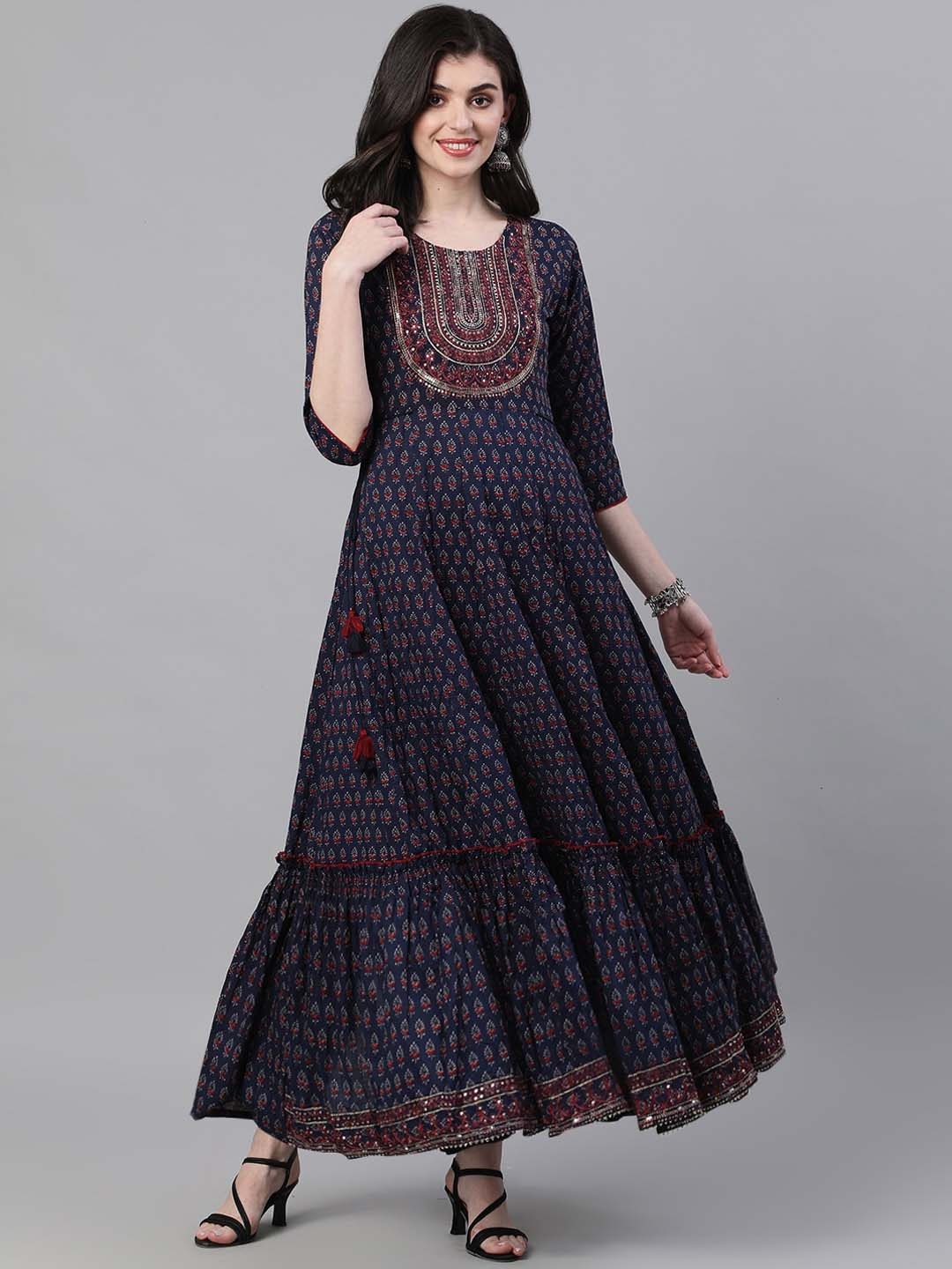 Ishin Women Blue Printed Maxi Dress