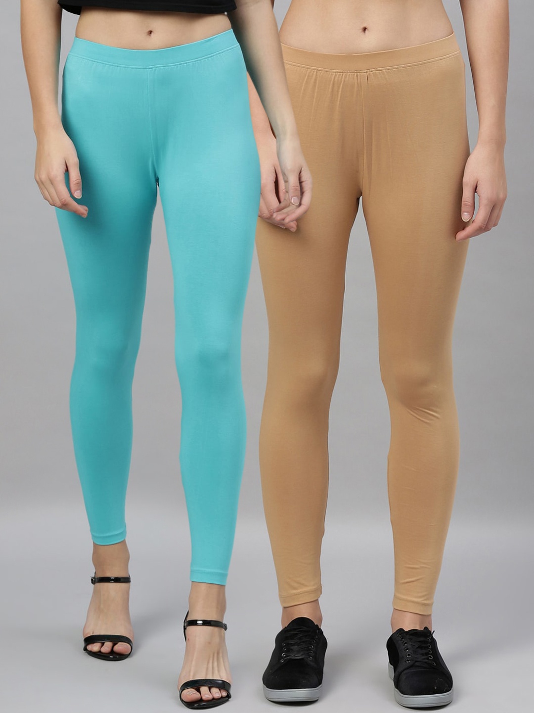 Kryptic Women Pack Of 2 Beige & Blue Solid Ankle-Length Leggings