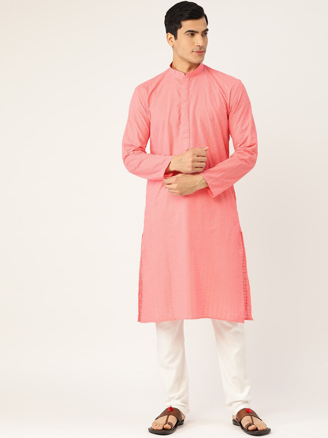 RAJUBHAI HARGOVINDAS Men Pink Woven Design A-Line Kurta 
RAJUBHAI HARGOVINDAS Men Pink Woven Design A-Line Kurta