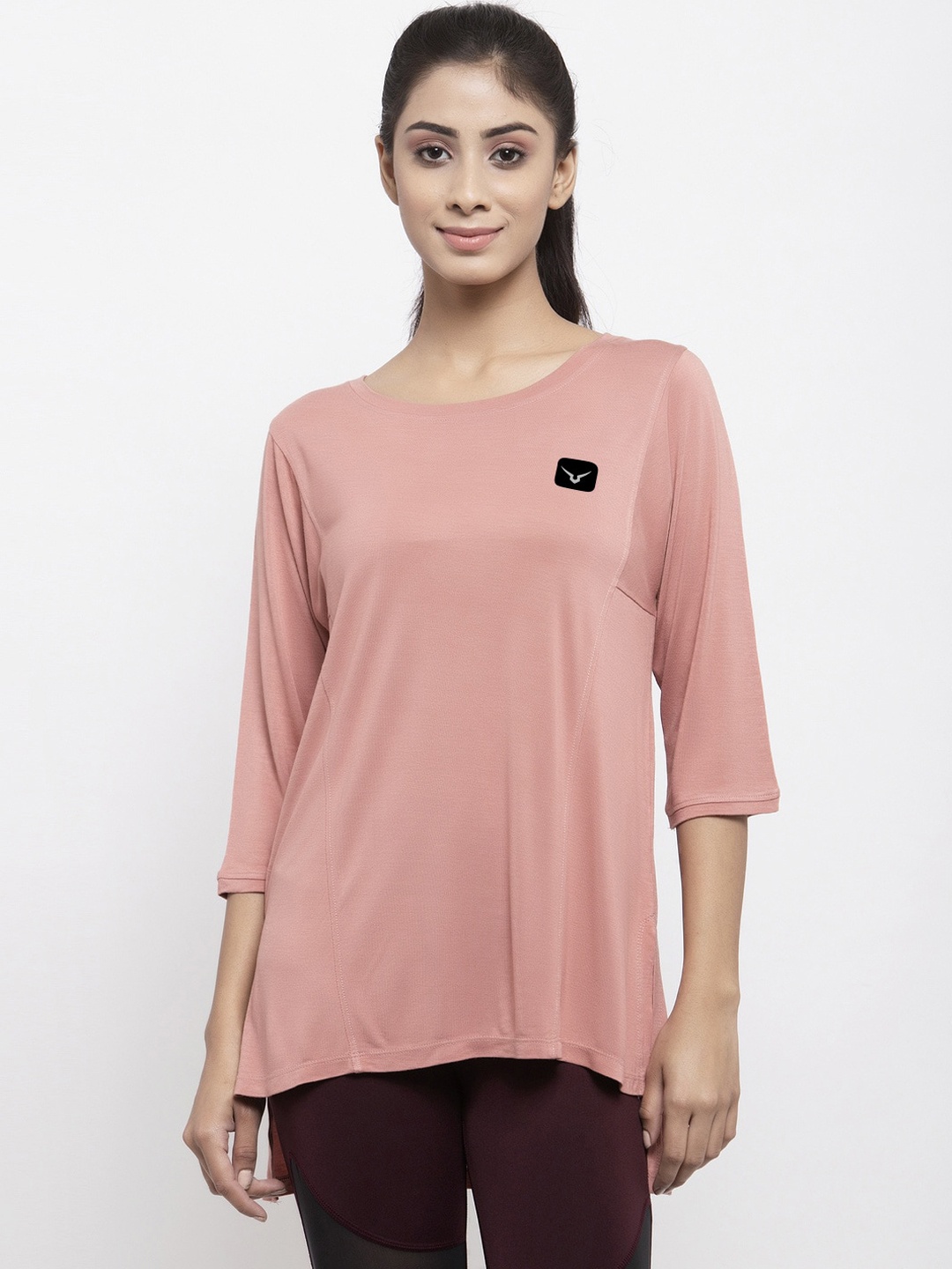 Invincible Women Pink Solid Round Neck Longline Yoga Training T-shirt