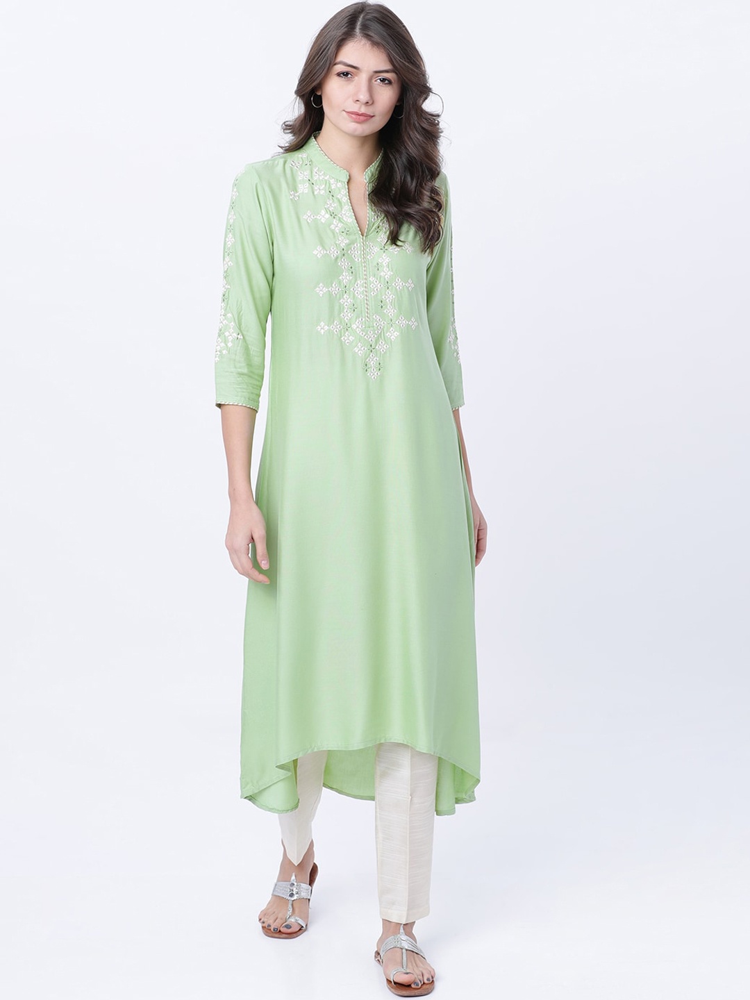 Vishudh Women Lime Green Yoke Design A-Line Kurta