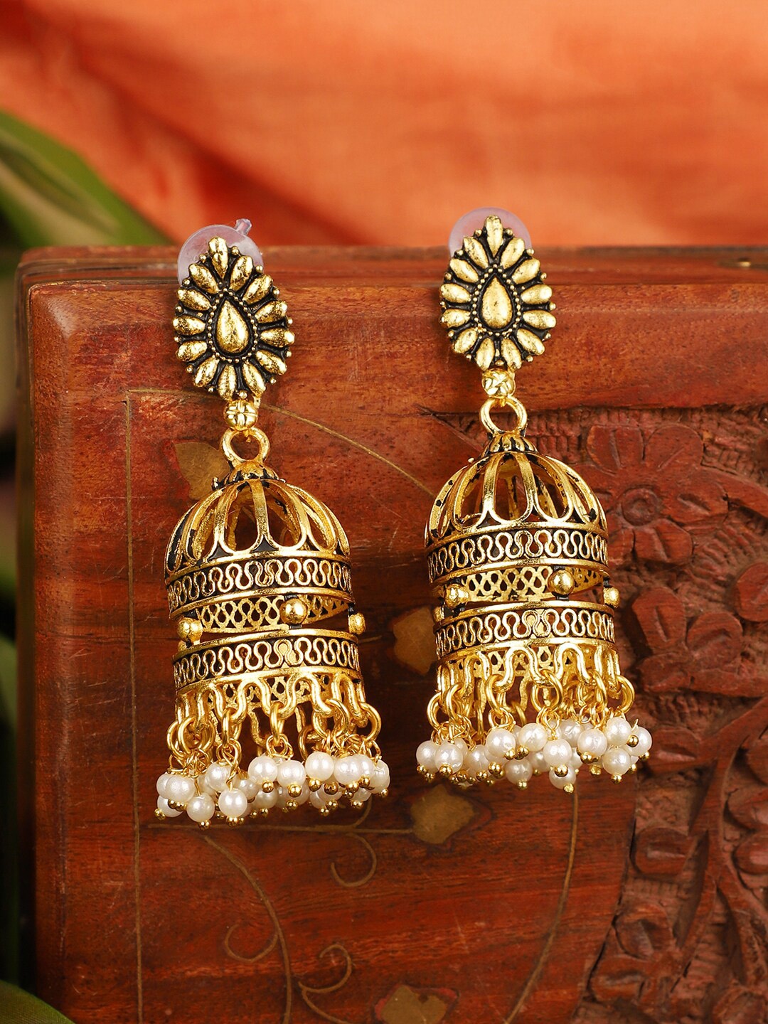 ANIKAS CREATION Gold-Toned Dome Shaped Jhumkas
