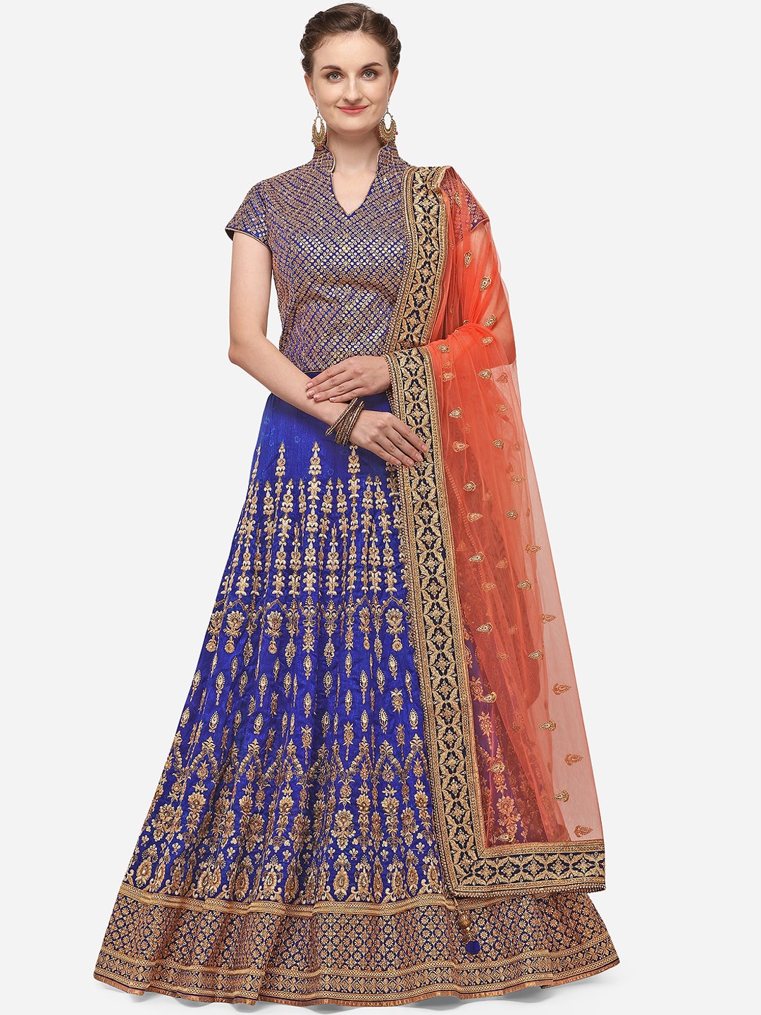 NAKKASHI Blue & Peach-Coloured Embroidered Semi-Stitched Lehenga & Unstitched Blouse with Dupatta
NAKKASHI Blue & Peach-Coloured Embroidered Semi-Stitched Lehenga & Unstitched Blouse with Dupatta