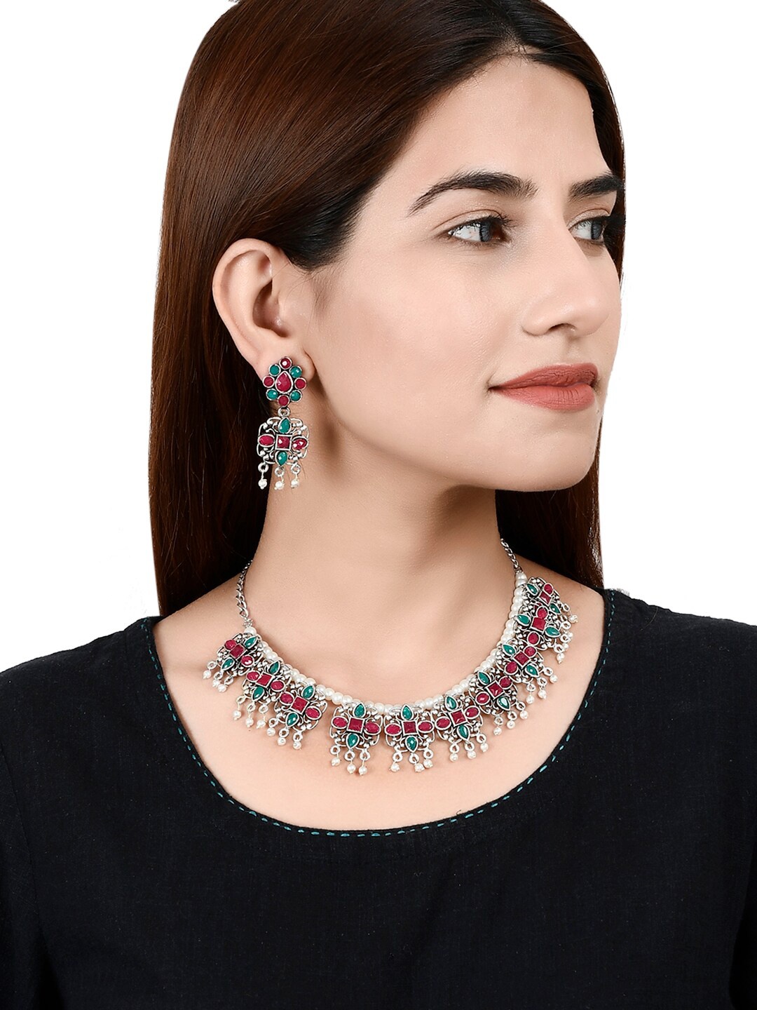 Silvermerc Designs Oxidised Silver-Plated Green & Pink Stone-Studded & Beaded Handcrafted Jadau Jewellery Set
Silvermerc Designs Oxidised Silver-Plated Green & Pink Stone-Studded & Beaded Handcrafted Jadau Jewellery Set