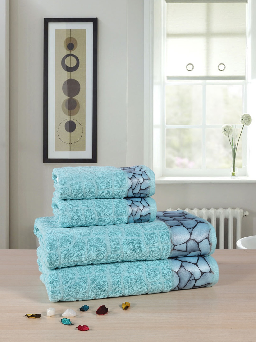 RANGOLI Set Of 4 Blue Printed GSM 500 Towel Set