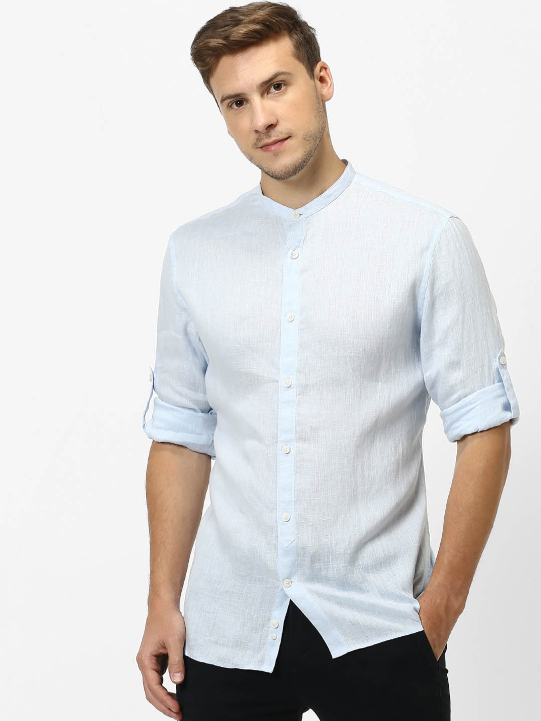 Celio Men Blue Regular Fit Solid Pure Linen Casual Shirt