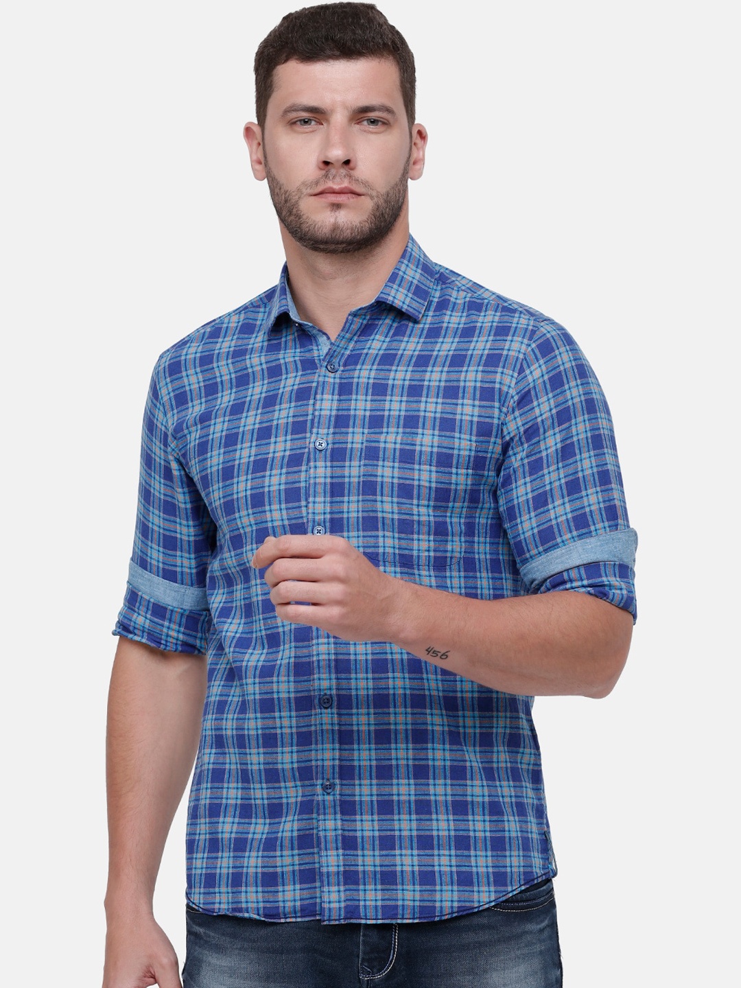CAVALLO by Linen Club Men Cotton Linen Blue Regular Fit Checked Casual Shirt