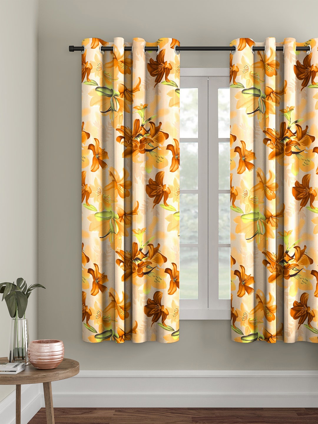 Cortina Yellow Floral Printed Polyester Single Window Curtain
