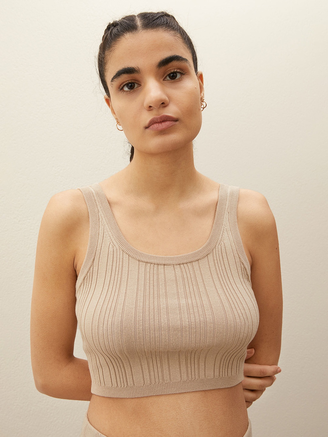 H&M Women Beige Self Design Bralette Sustainable Top