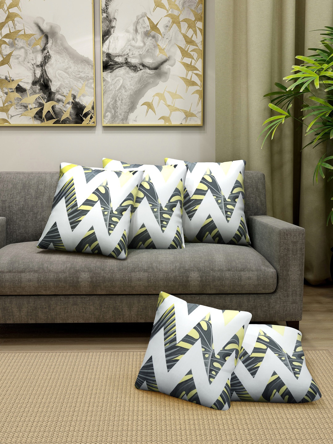 Cortina White & Grey Set of 5 Geometric Square Cushion Covers