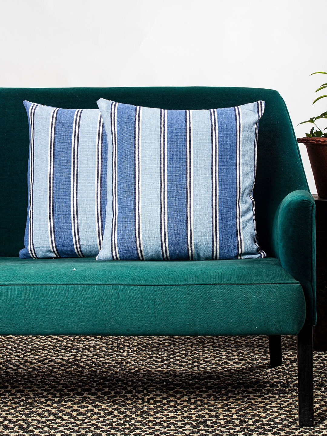 Contrast Living Blue Set of 2 Striped Square Cushion Covers