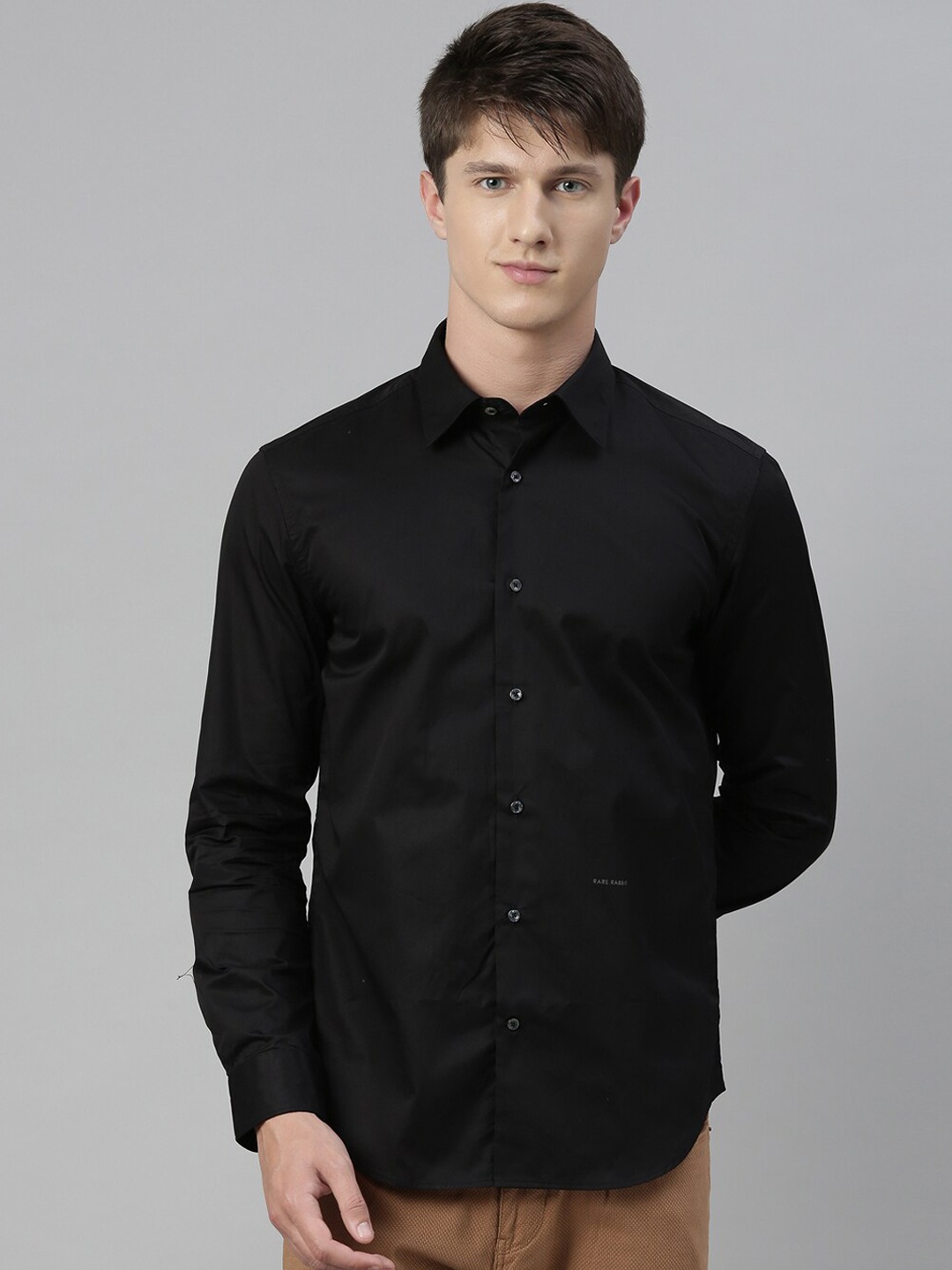 RARE RABBIT Men Black Solid Regular Fit Casual Cotton Shirt