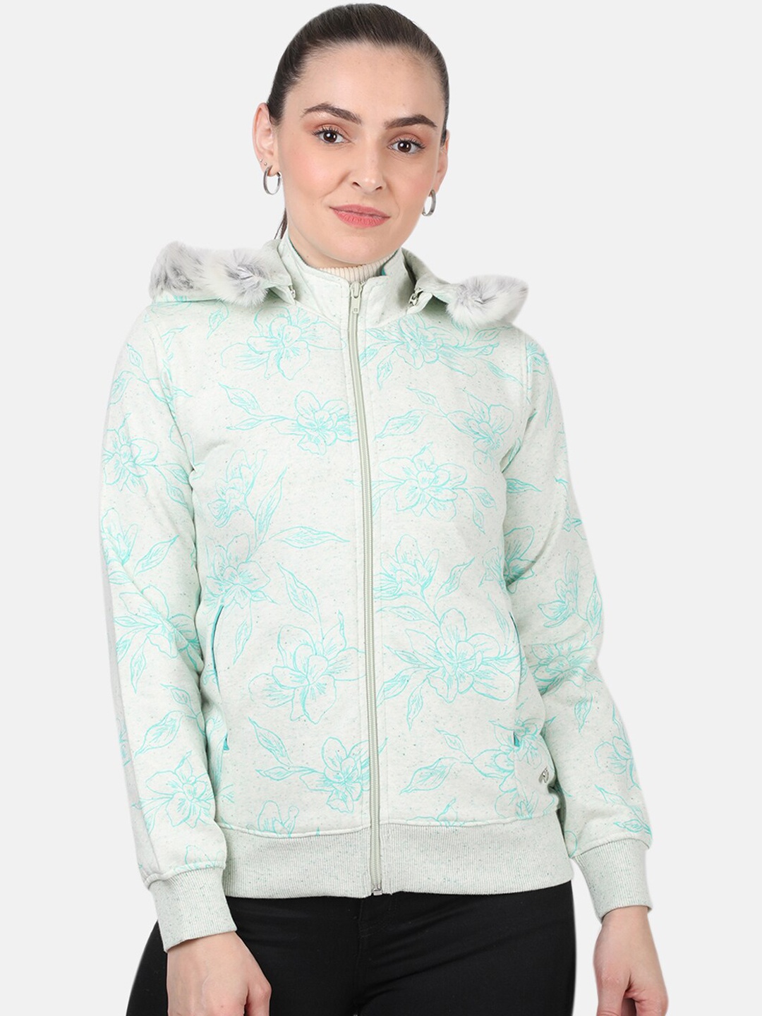 Monte Carlo Women Blue Printed Hooded Sweatshirt