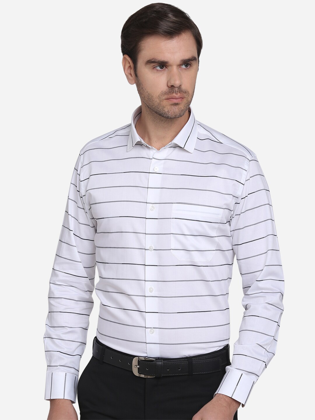 METAL Men White & Grey Slim Fit Striped Formal Shirt
