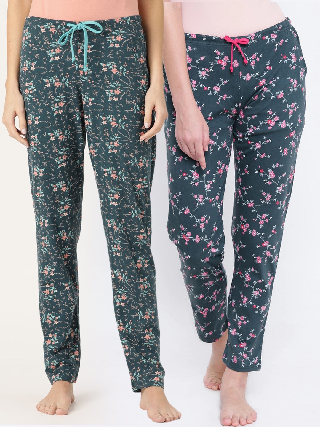 Kanvin Women Pack Of 2 Printed Lounge Pants, Green