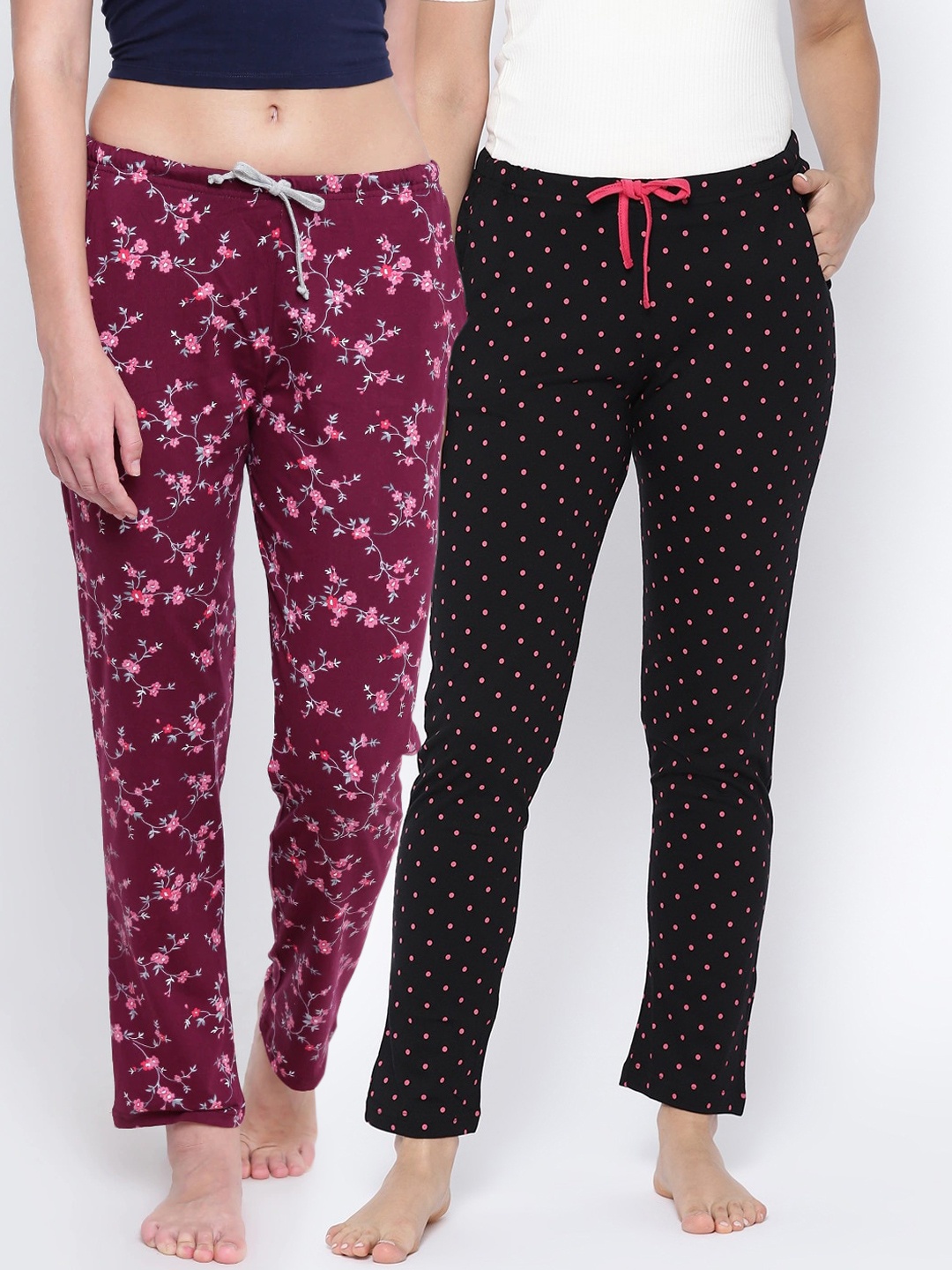Kanvin Women Maroon & Black Pack Of 2 Printed Cotton Lounge Pants