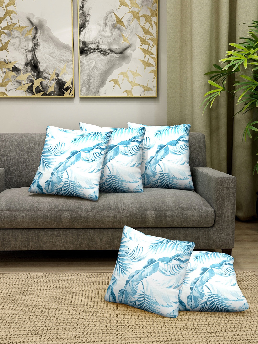 Cortina White & Blue Set of 5 Floral Square Cushion Covers